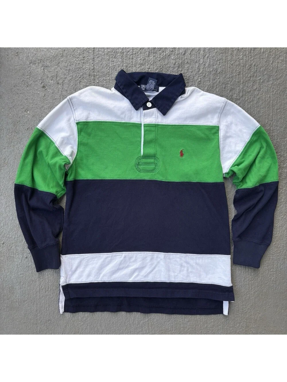 Vintage 90s Polo By Ralph Lauren Rugby Long Sleeve Shirt Small Green & Navy Blue